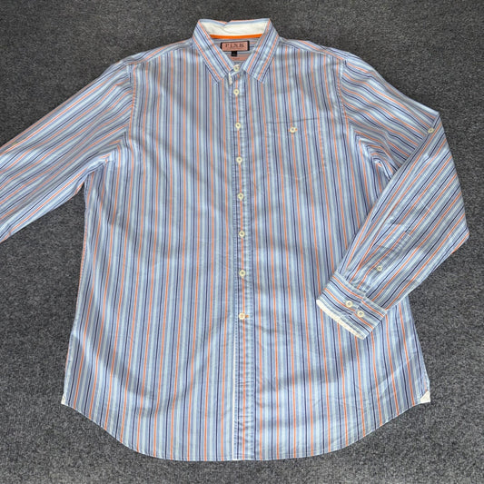 Thomas Pink Shirt Mens L Blue Striped Luxury Dress Office Business Casual Cotton
