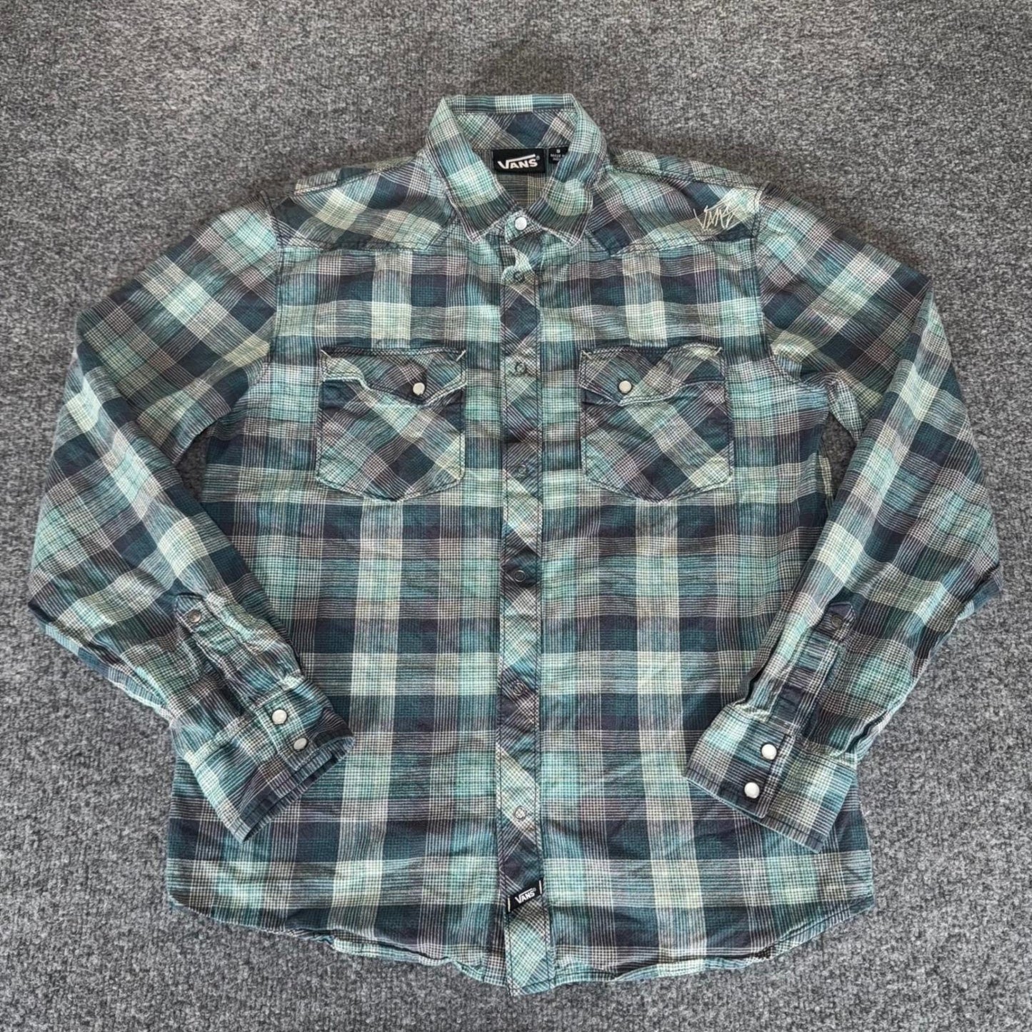 Vans Flannel Shirt Mens Small Green Plaid Long Sleeve Snap Button Front Skate