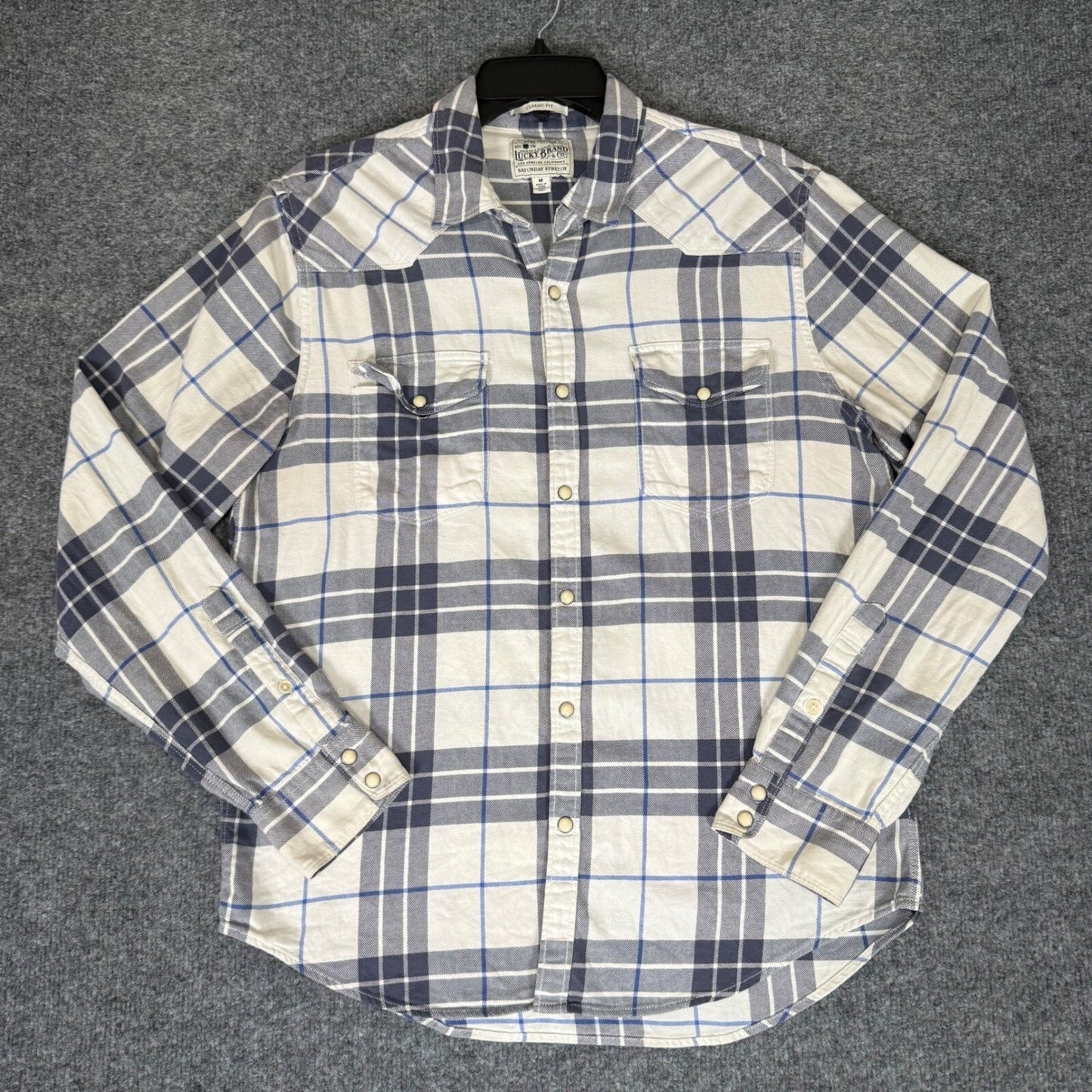 Lucky Brand Saturday Stretch Plaid Western Shirt Mens Medium Blue Snap Casual