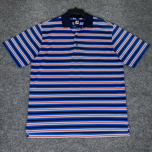 Footjoy Polo Shirt Men L Red Blue Striped Golf FJ Performance Short Sleeve Adult