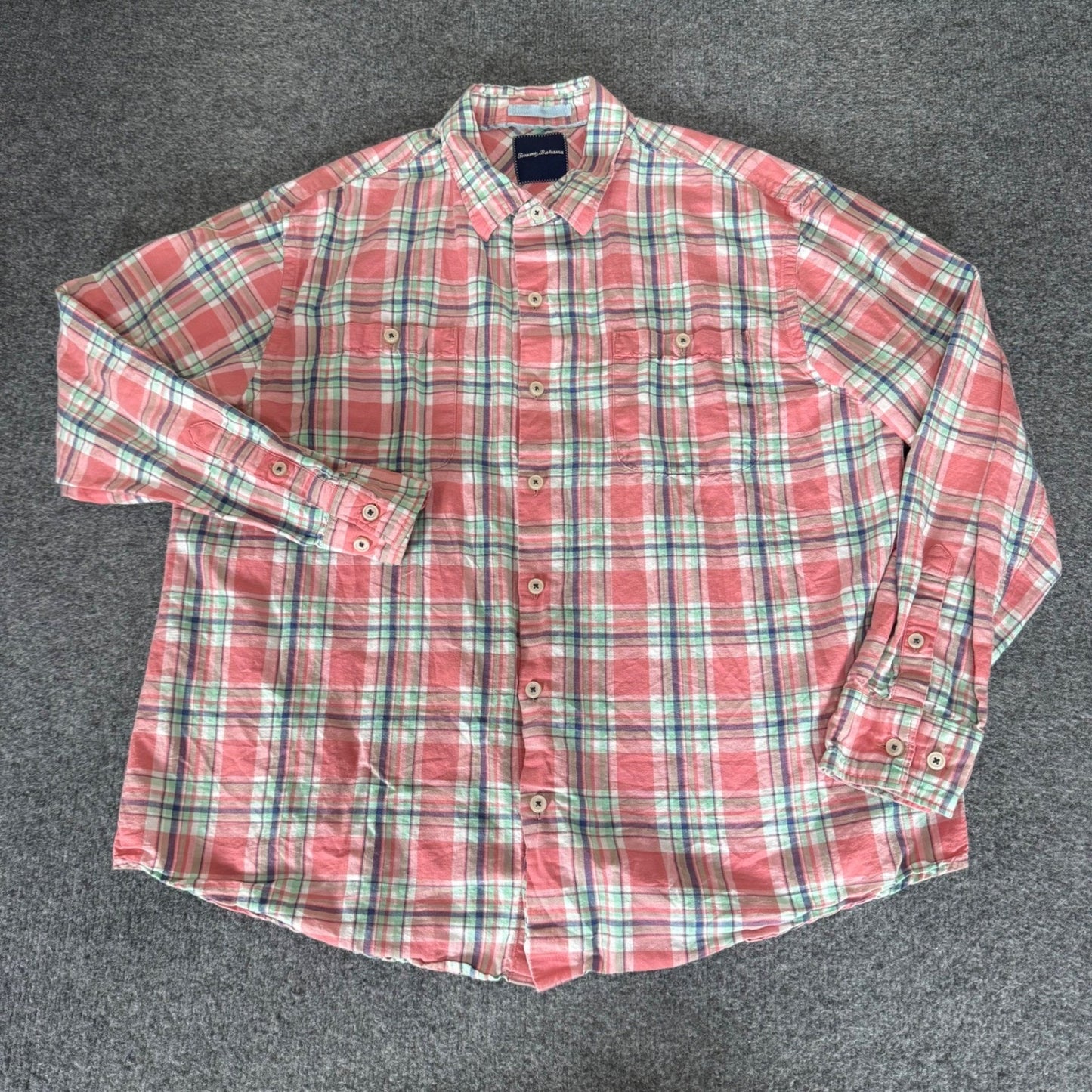 Tommy Bahama Mens XL Linen Cotton Plaid Button Up Shirt Coral Blue Long Sleeve