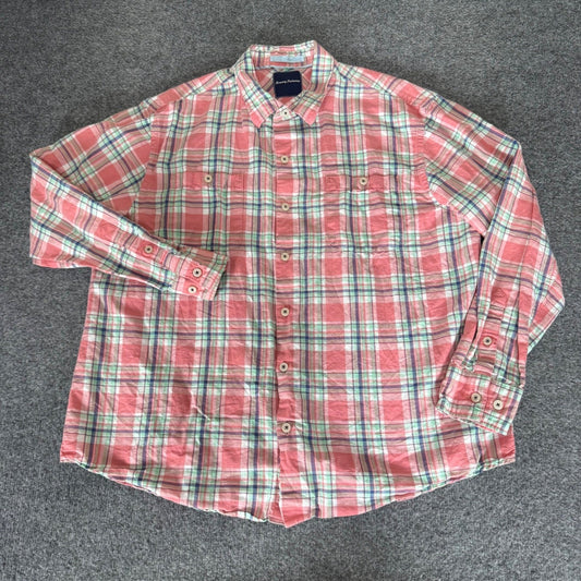 Tommy Bahama Mens XL Linen Cotton Plaid Button Up Shirt Coral Blue Long Sleeve