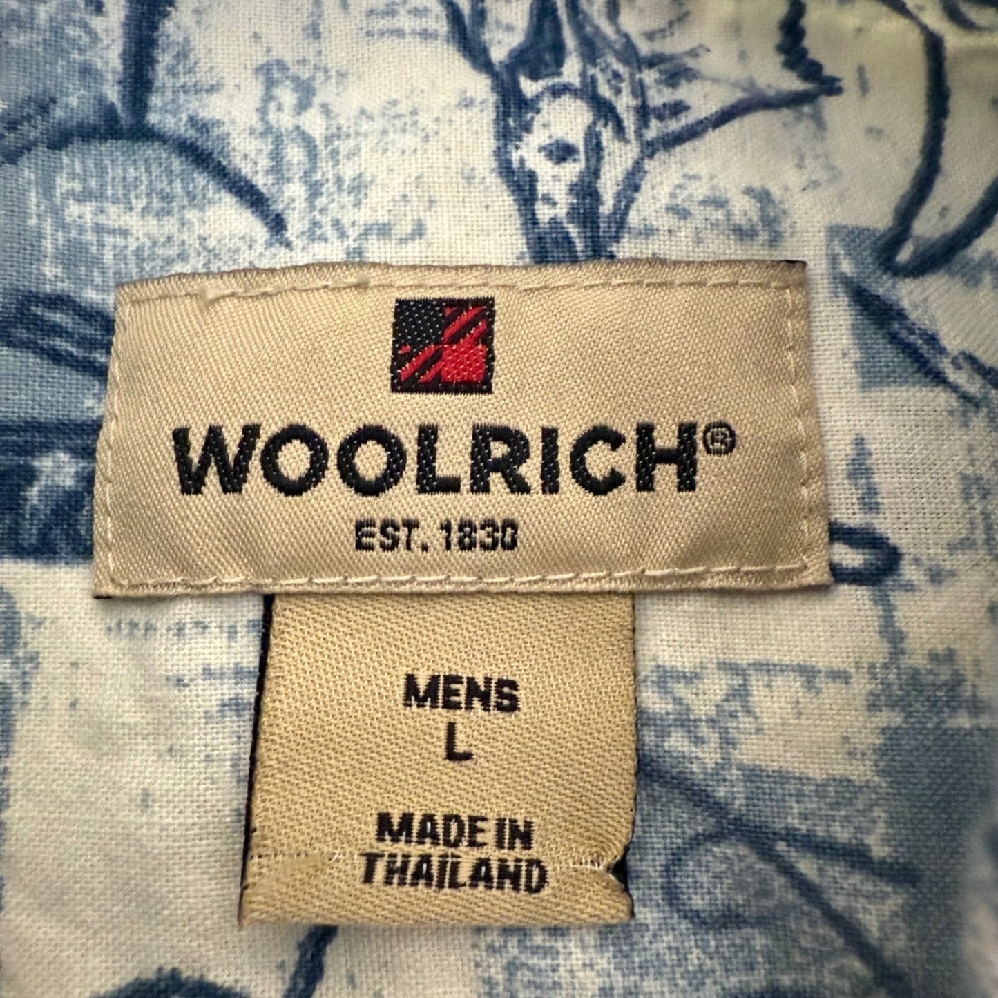 Woolrich Hawaiian Shirt Mens Large Blue Fish Print Aloha Button Up Short Sleeve