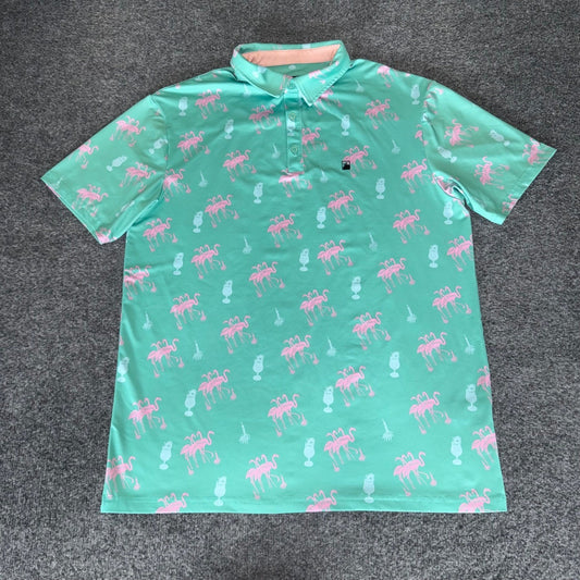 Flomotion Golf Polo Shirt Mens Large Green AOP Short Sleeve Athletic Performance