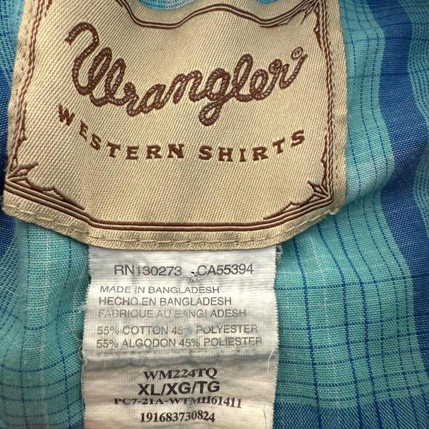 Wrangler Western Shirt Mens XL Blue Plaid Short Sleeve Cowboy Rodeo Pearl Snap