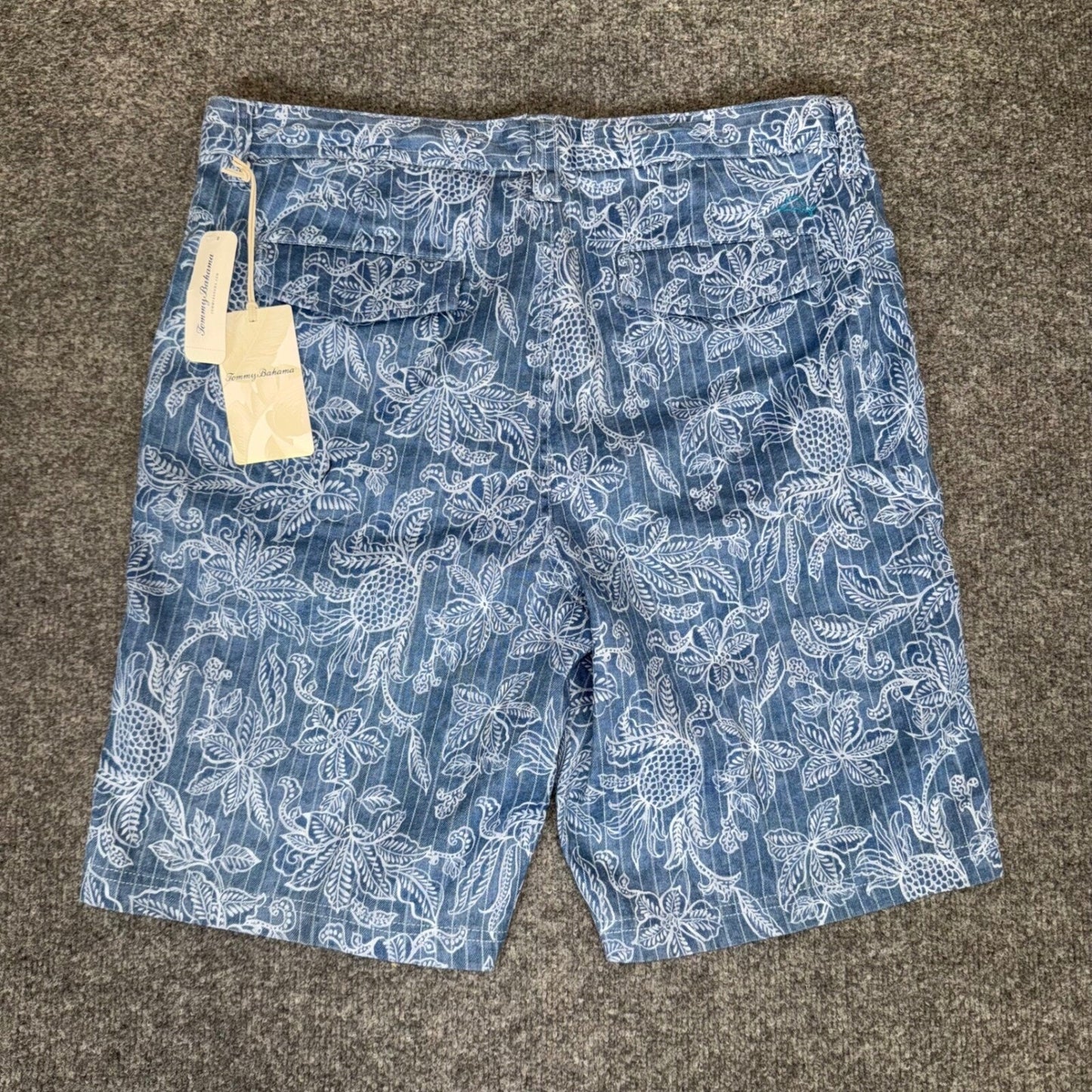 Tommy Bahama Shorts Blue Floral AOP Striped Mens 36 Linen Blend Flat Front Csual