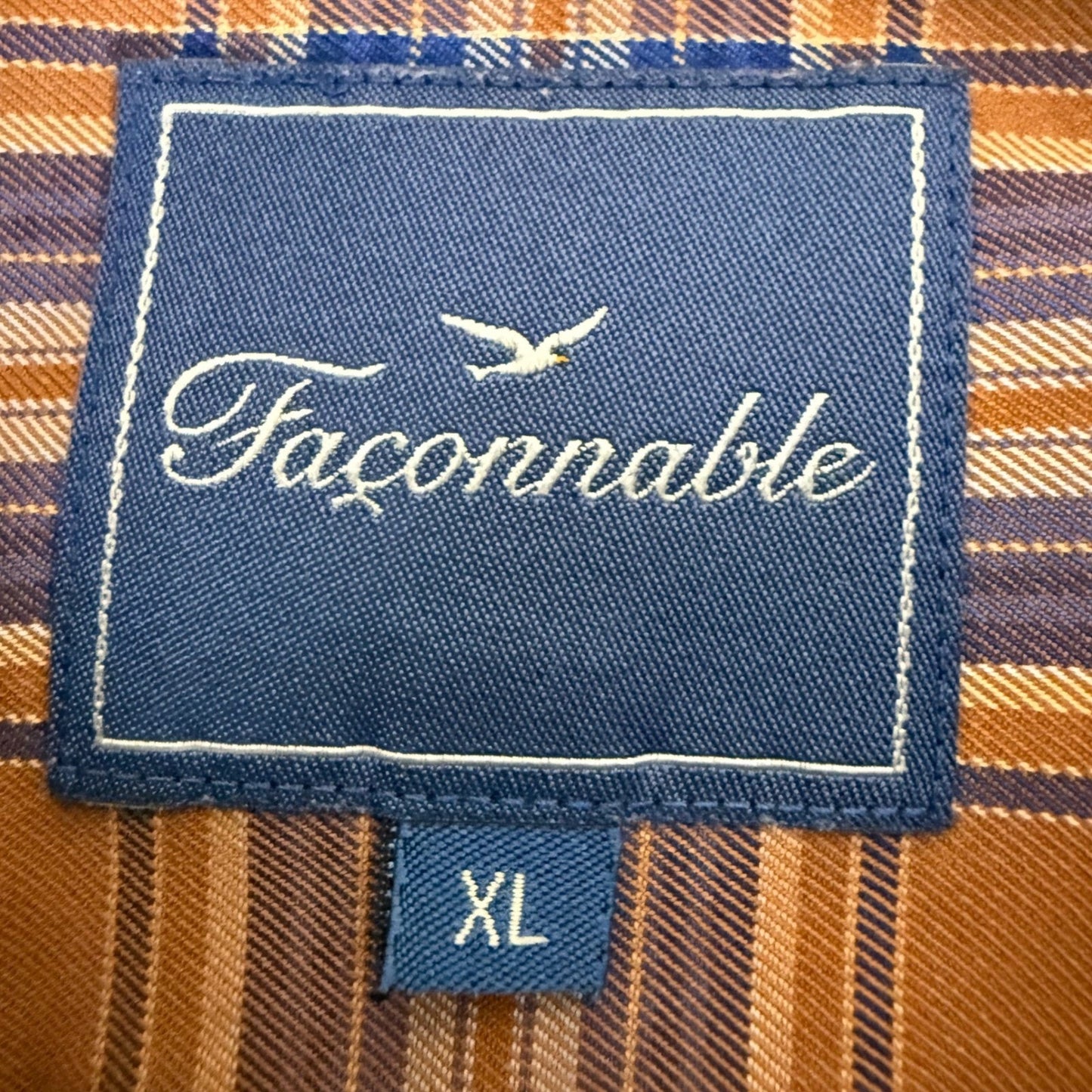 Faconnable Mens XL Orange Blue Plaid Cotton Button Down Shirt Long Sleeve Casual
