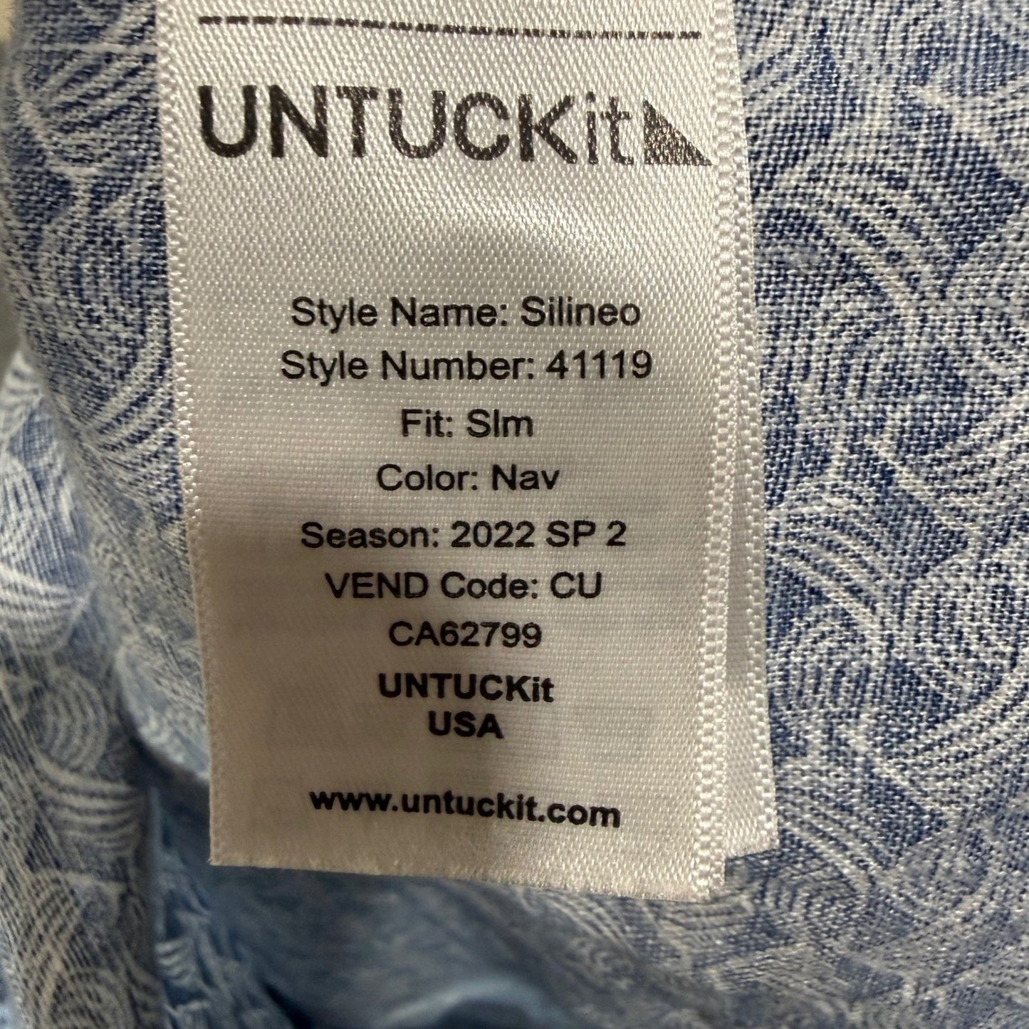 UNTUCKIT Linen Shirt Mens XL Blue Geometric Slim Short Sleeve Button Up Casual