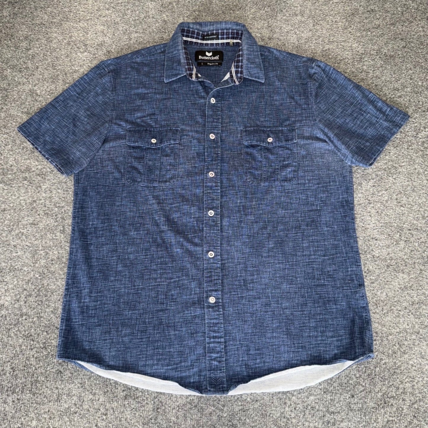 Buttercloth Icy Cotton Shirt Mens L Blue Short Sleeve Button Up Stretch Casual