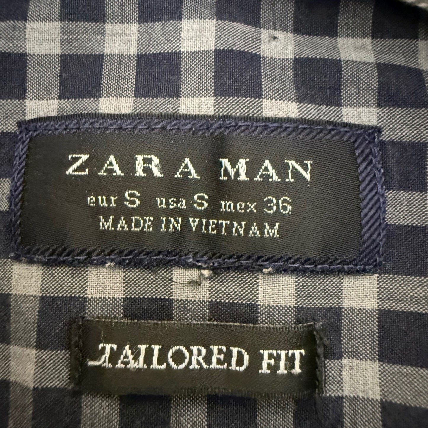 Zara Man Tailored Fit Gingham Button Up Shirt Blue Small Long Sleeve Cotton