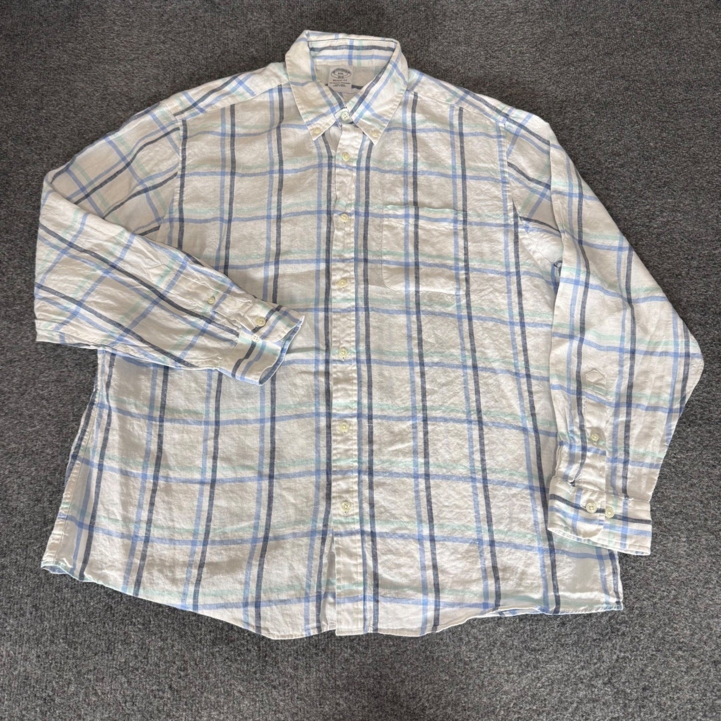 Brooks Brothers Regent Fit 100% Linen Plaid Button Down Shirt Mens XXL Blue