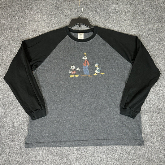 Disney Store T-Shirt Mens XL Gray Black Donald Duck Mickey Goofy Long Sleeve VTG