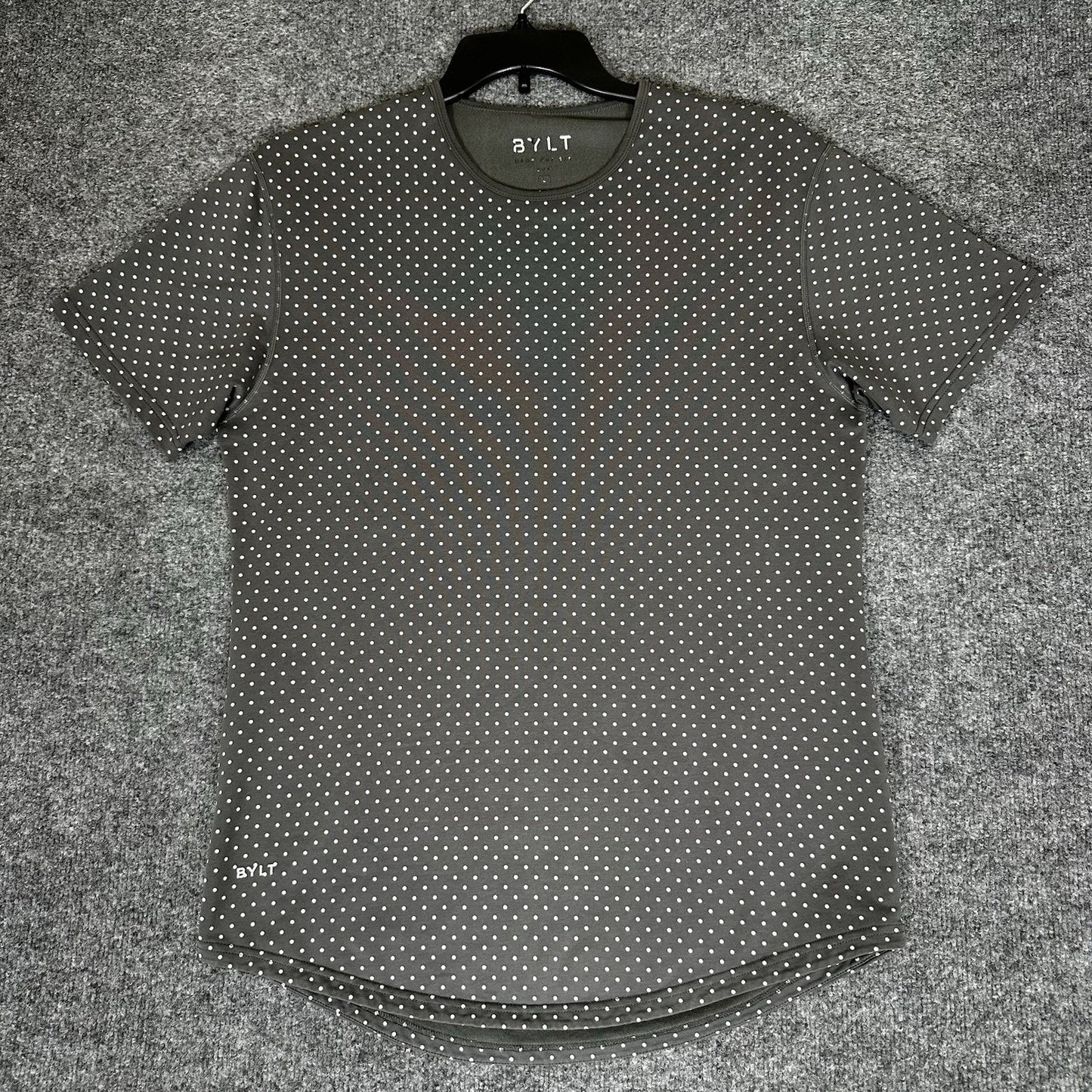 Bylt Drop Cut Lux Shirt Mens Large Grey Slate Polka Dot Short Sleeve Performance