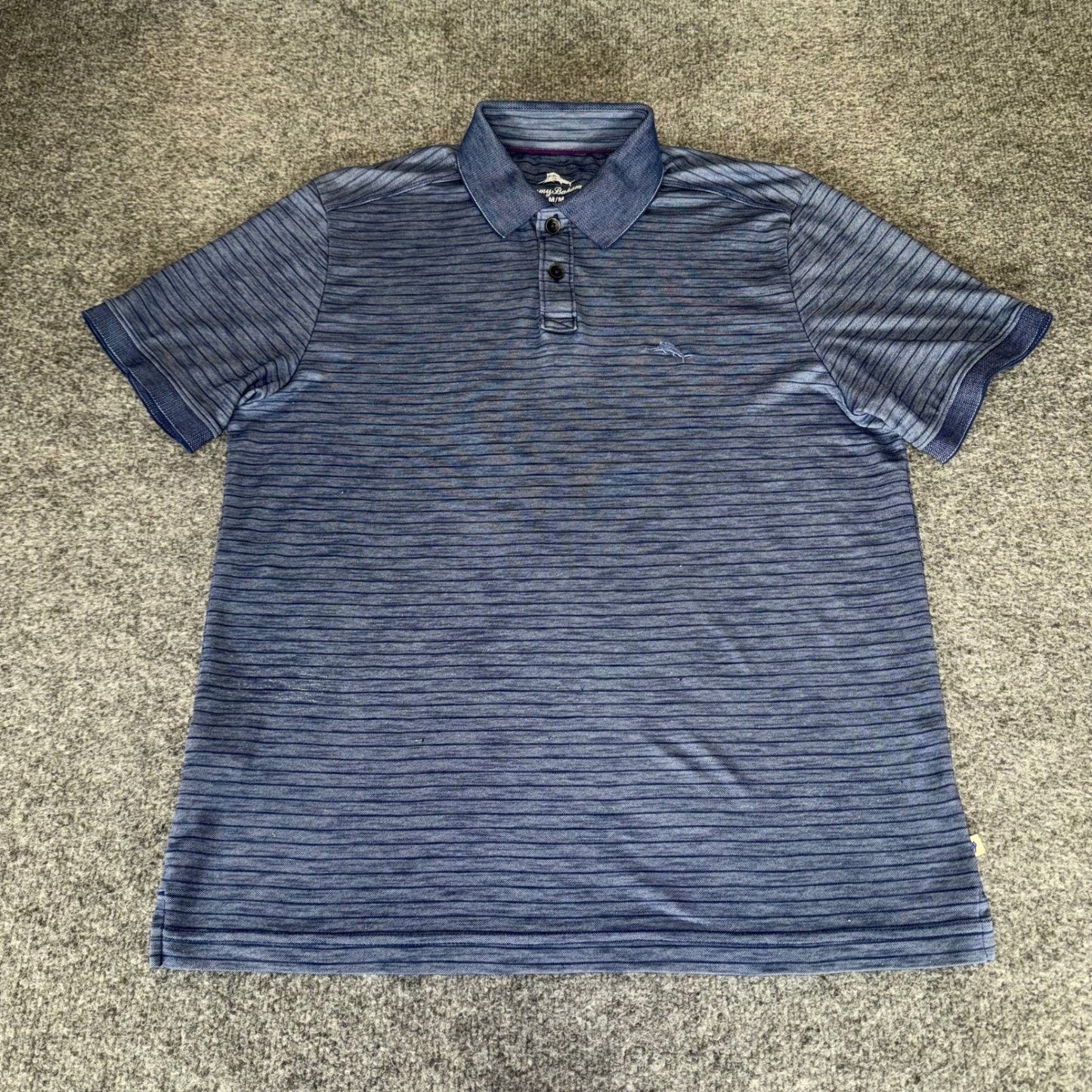 Tommy Bahama Mens Polo Shirt Medium Navy Blue Striped Short Sleeve Casual