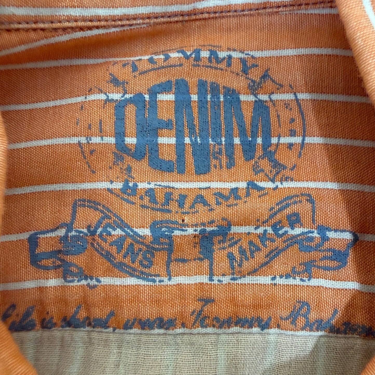 Tommy Bahama Denim Mens Orange White Striped Cotton Button Up Shirt Medium