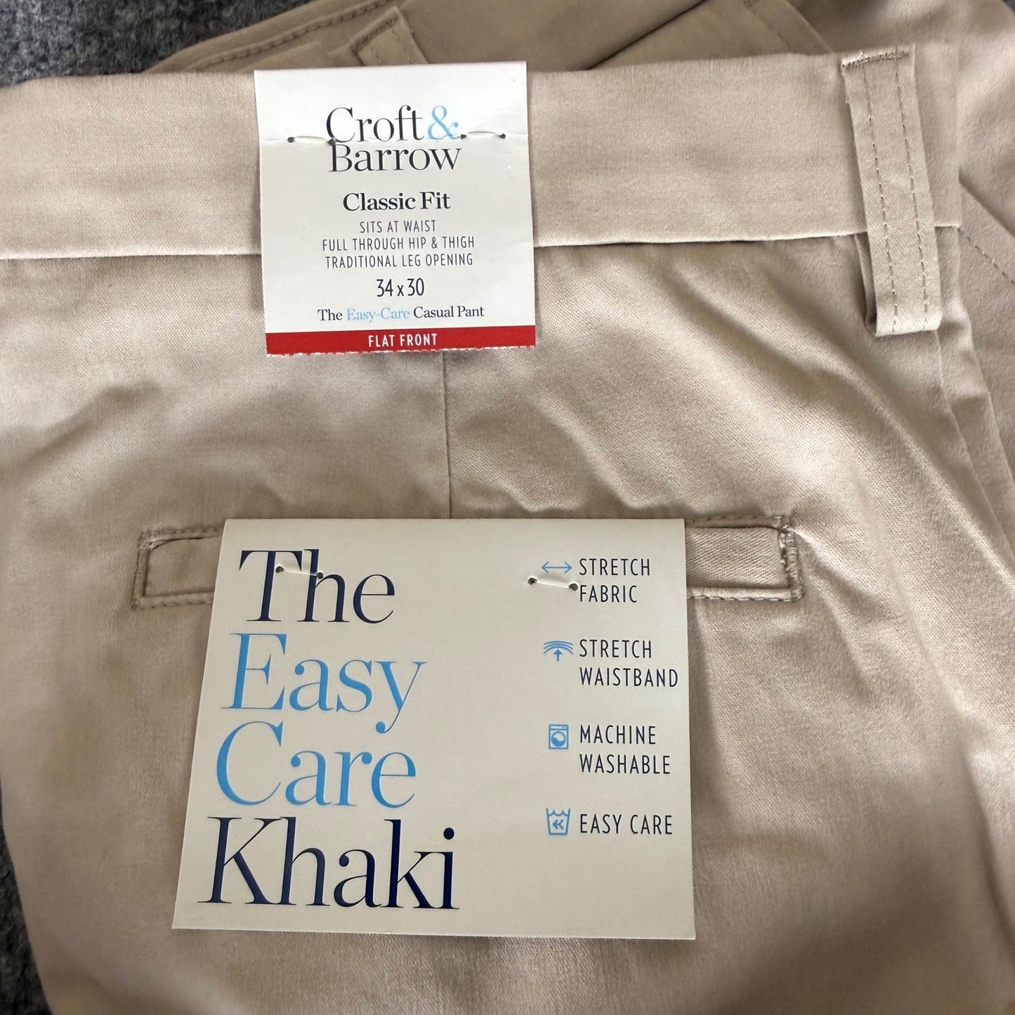 Croft & Barrow Mens 34x30 Easy Care Khaki Classic Fit Flat Front Stretch Pants