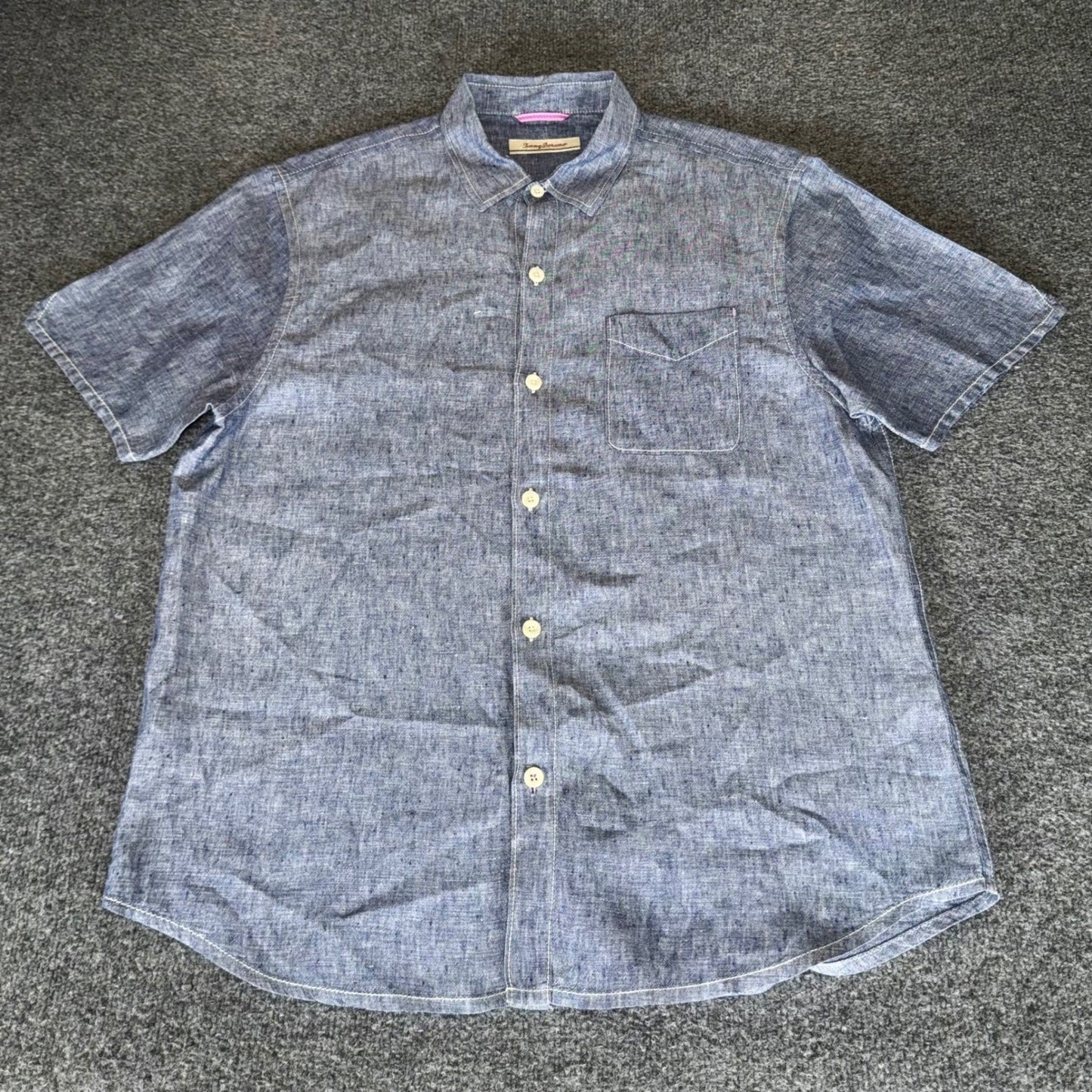 Tommy Bahama Linen Shirt Mens Large Blue Short Sleeve Button Up Casual Resort