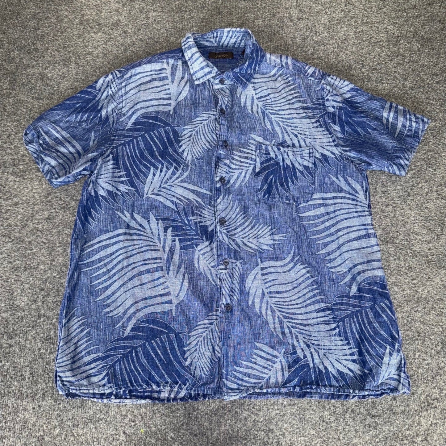 Tasso Elba Men Blue Silk Linen Palm Leaf Tropical Short Sleeve Button Up Shirt L