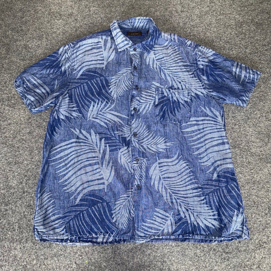 Tasso Elba Men Blue Silk Linen Palm Leaf Tropical Short Sleeve Button Up Shirt L