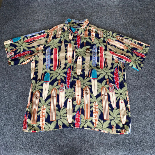 Reyn Spooner Hawaiian Shirt Mens Large Rayon Surfboard Palm Tree Aloha Beach
