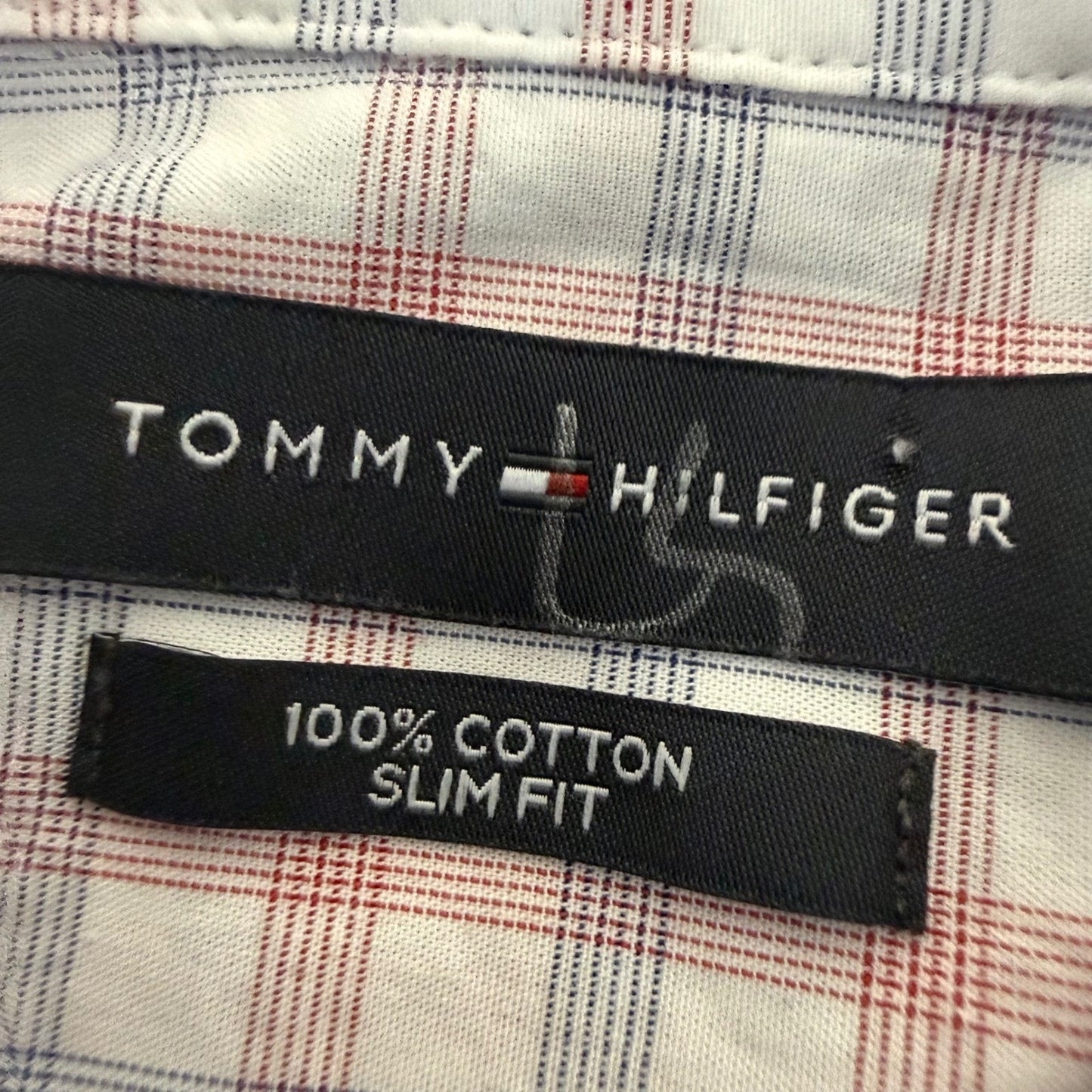 Tommy Hilfiger Mens Slim Fit Plaid Button Down Shirt Red Blue White 15 32/33 M