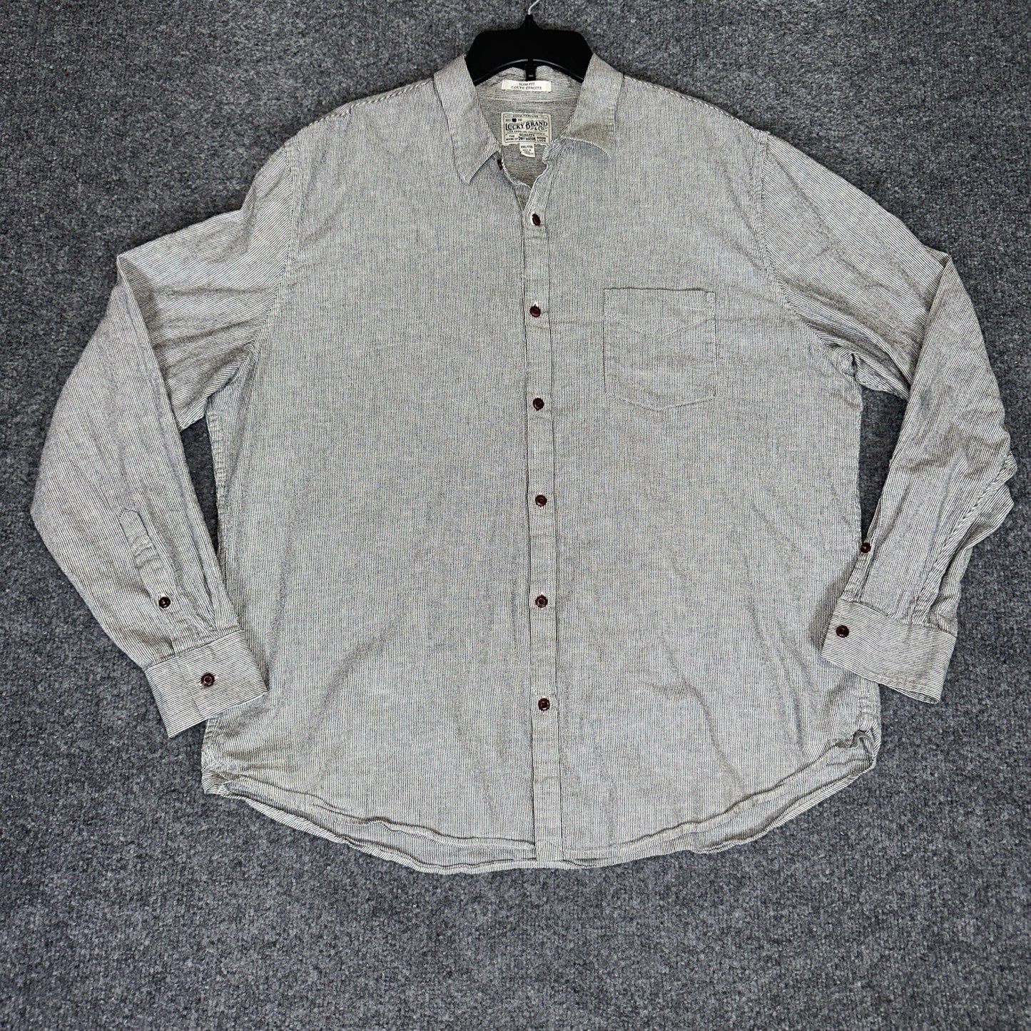 Lucky Brand Shirt Mens 2XL Grey Striped Slim Fit Long Sleeve Casual Pocket Adult
