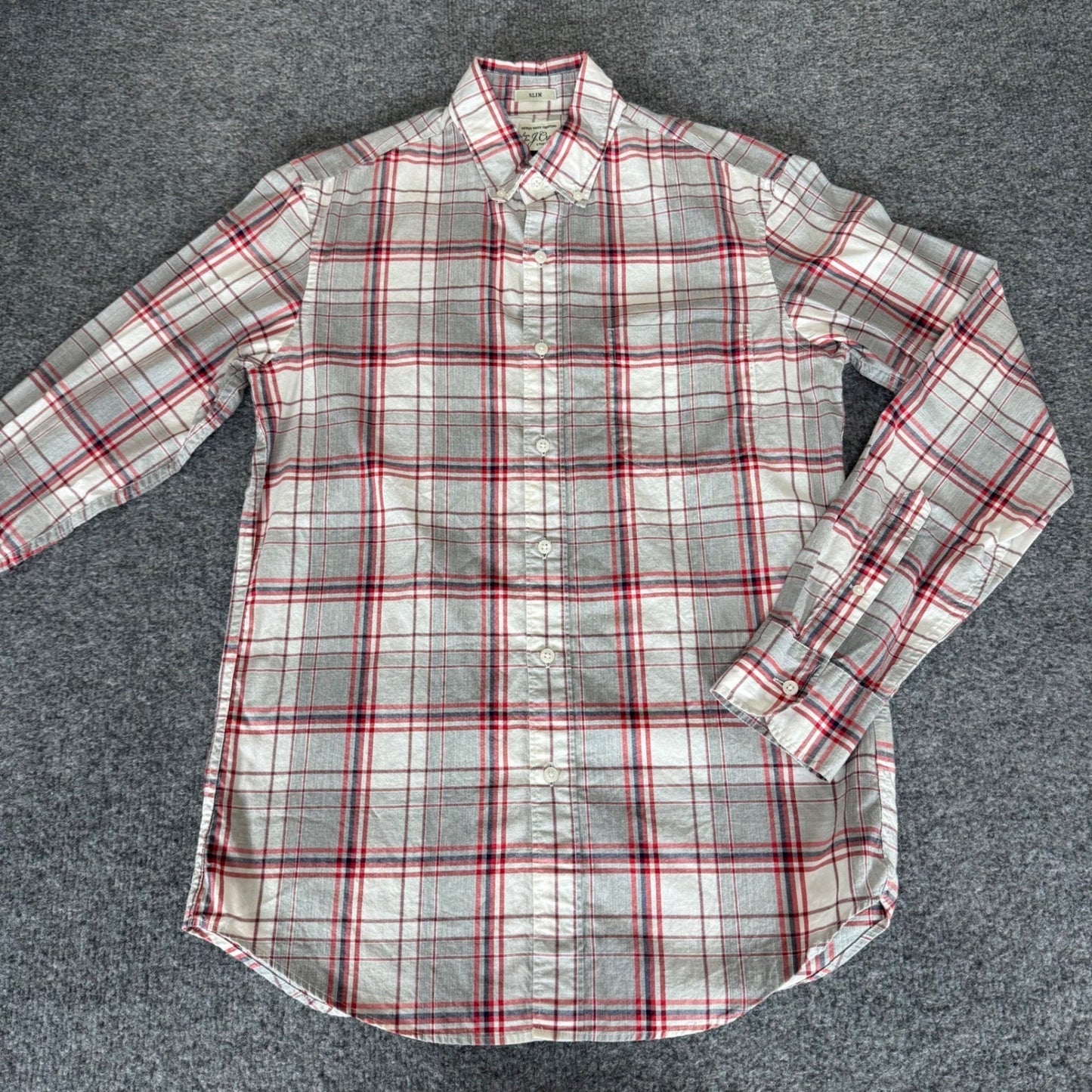 J.Crew Shirt Mens Small Gray Red Plaid Slim Fit Stretch Button Down Long Sleeve