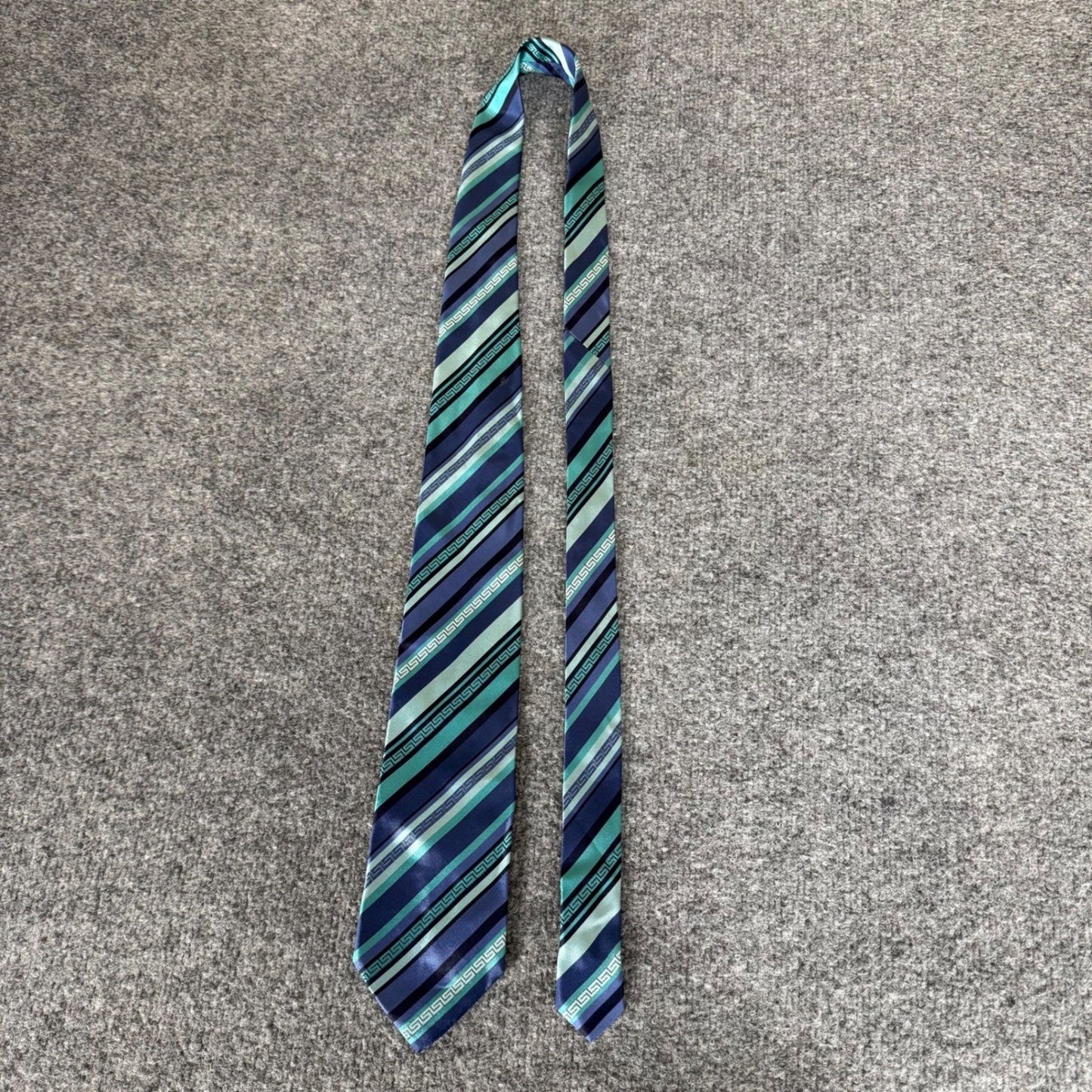 Versace Silk Tie Men Blue Green Greek Key Stripe Made in Italy Luxury Designer