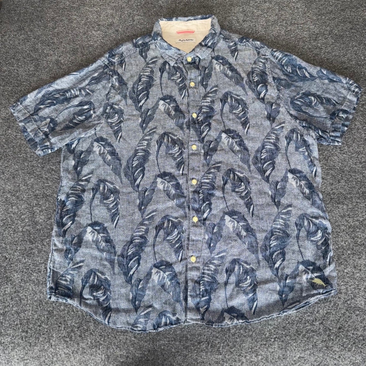 Tommy Bahama Linen Shirt Mens XXL Blue Palm Leaf Print Short Sleeve Button Up