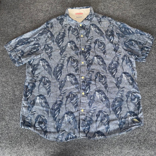 Tommy Bahama Linen Shirt Mens XXL Blue Palm Leaf Print Short Sleeve Button Up