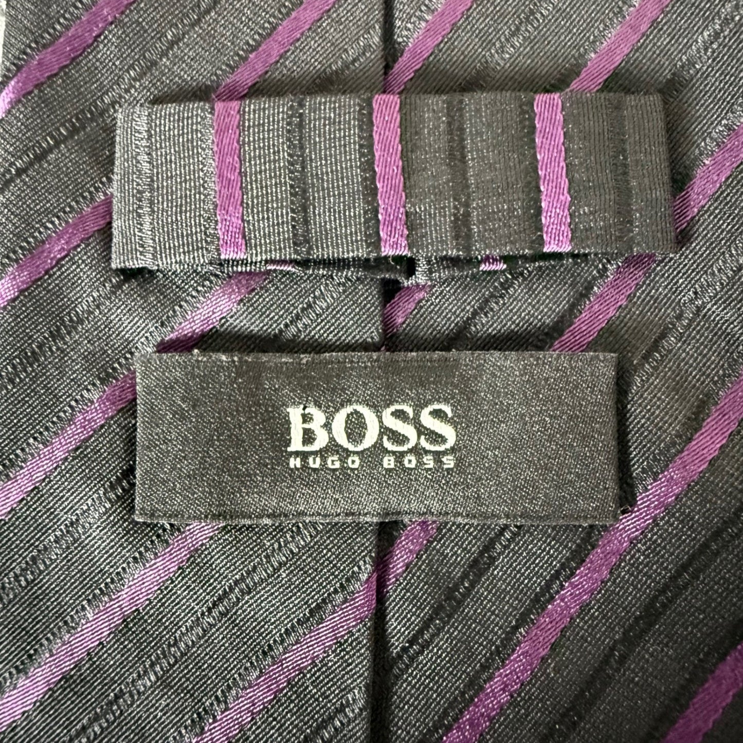 Hugo Boss Mens Silk Tie Black Purple Diagonal Striped Made in Italy Necktie