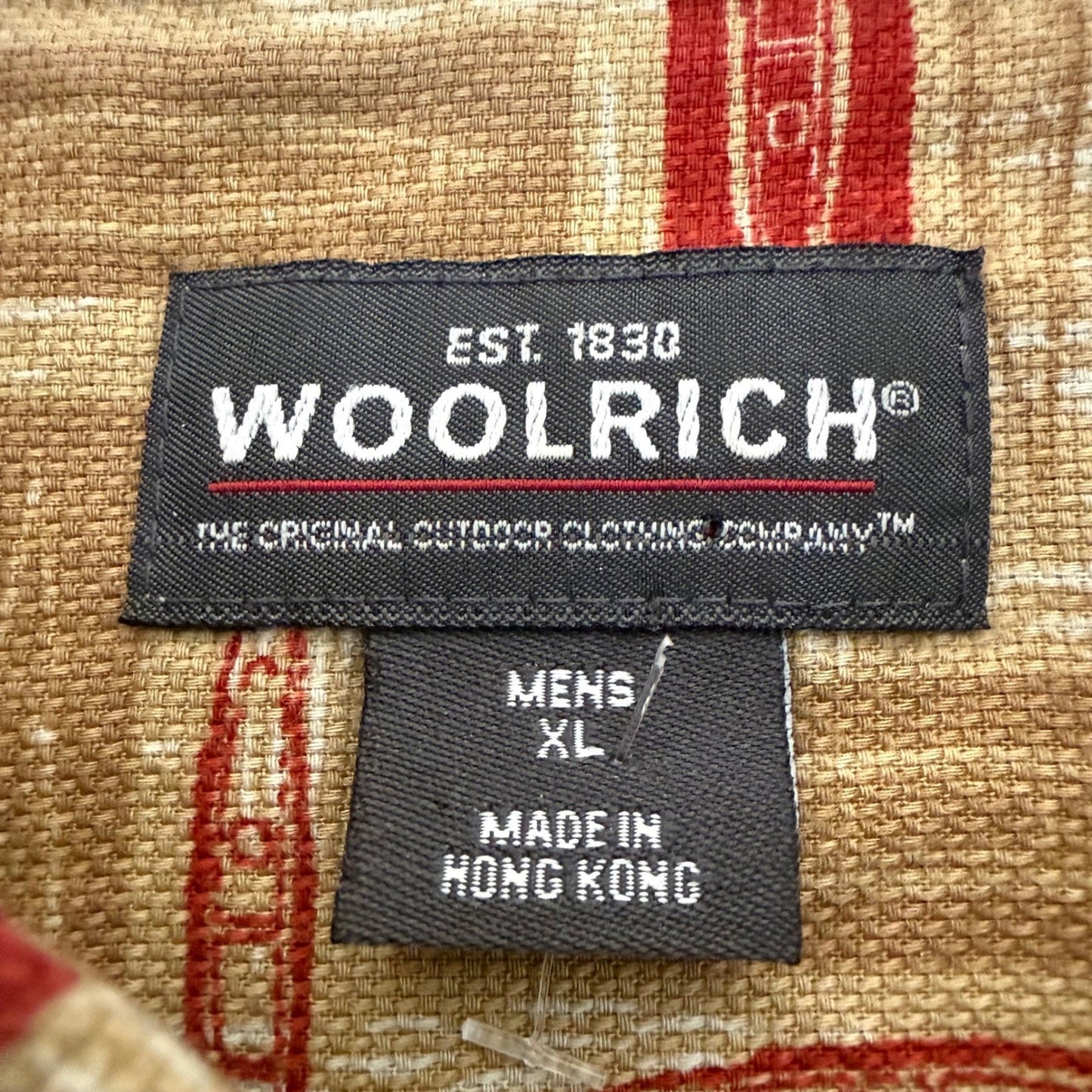 Woolrich Shirt Mens XL Khaki AOP Kayaks Short Sleeve Button Up Outdoor Casual