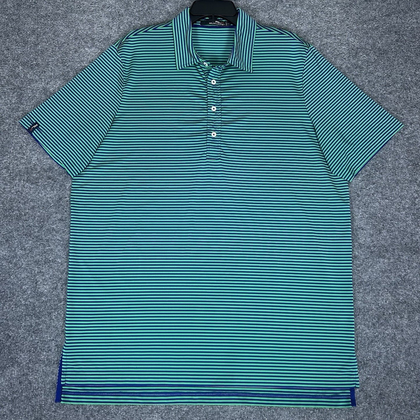 RLX Ralph Lauren Polo Shirt Mens XL Green Blue Striped Golf Short Sleeve Stretch