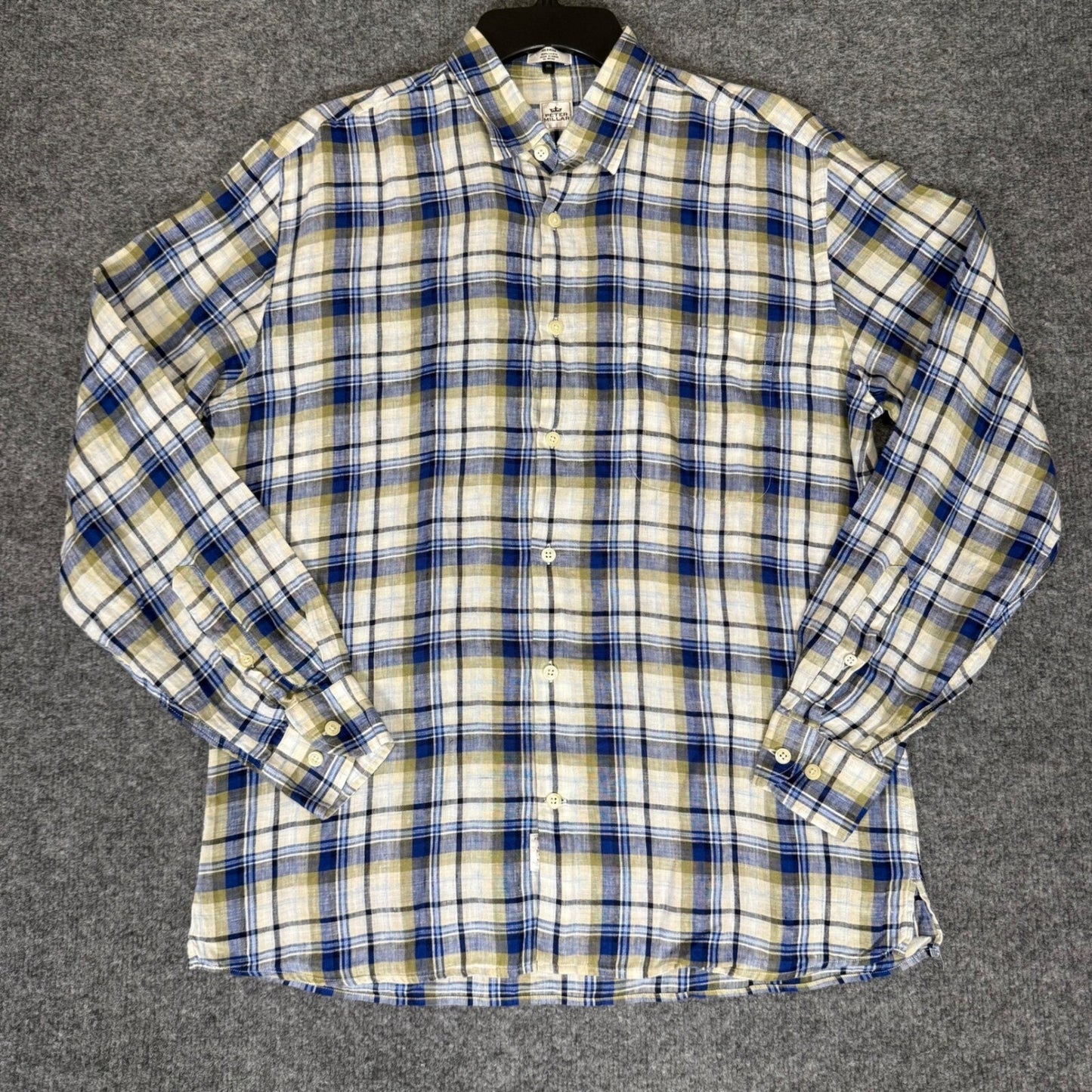 Peter Millar Linen Shirt Blue Plaid Button Up Long Sleeve Casual Men's Medium