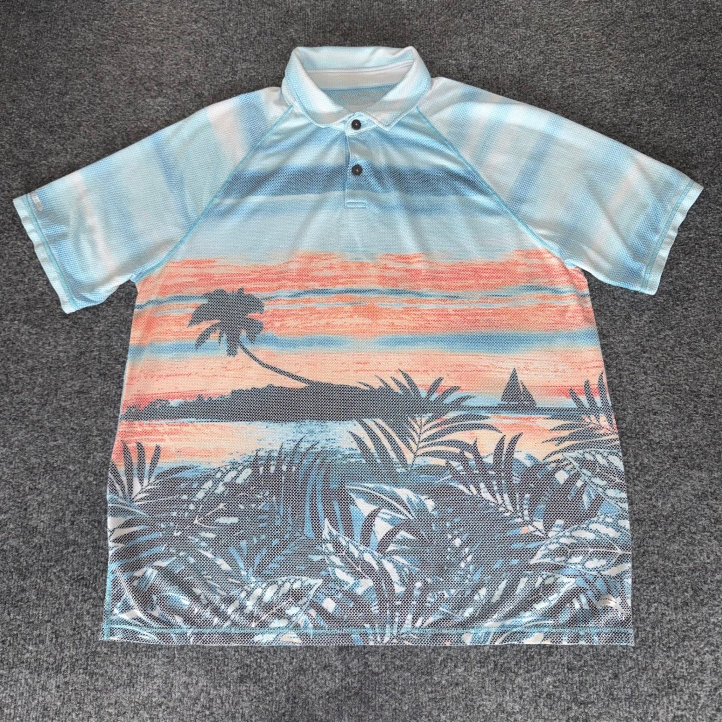Tommy Bahama IslandZone Polo Shirt Mens Large Tropical Palm Tree Beach Sunset