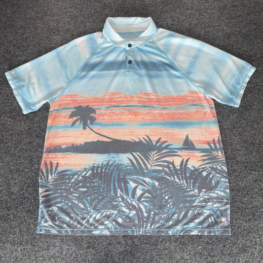 Tommy Bahama IslandZone Polo Shirt Mens Large Tropical Palm Tree Beach Sunset
