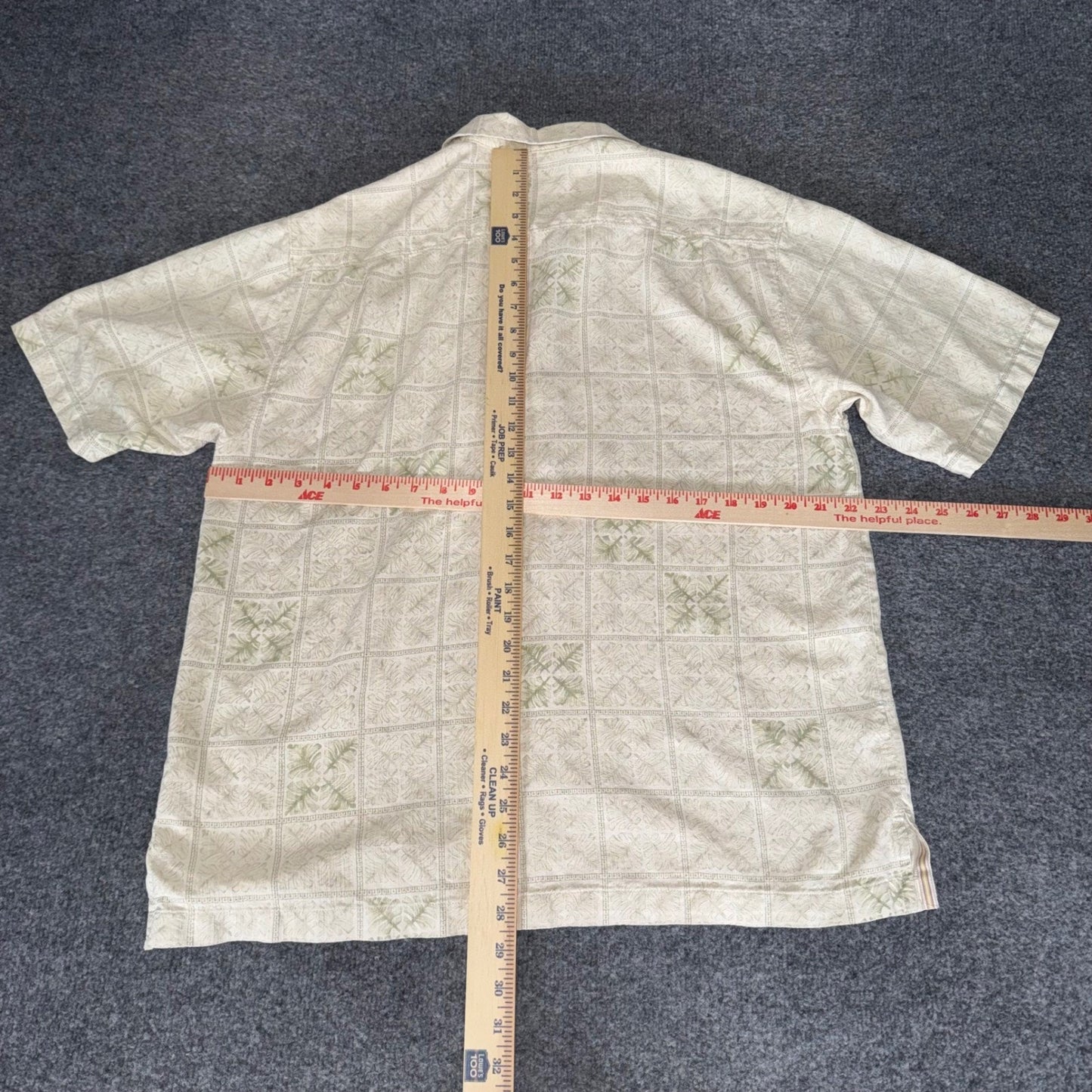 Tommy Bahama Mens Silk Camp Shirt Large Beige Green Geometric Short Sleeve Aloha