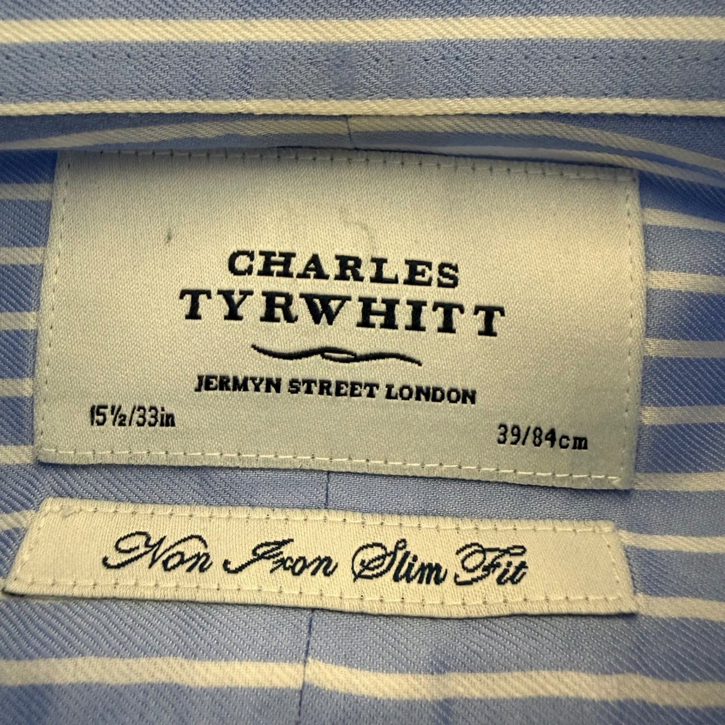 Charles Tyrwhitt Mens 15.5 33 Non Iron Slim Fit Striped Dress Shirt Blue White