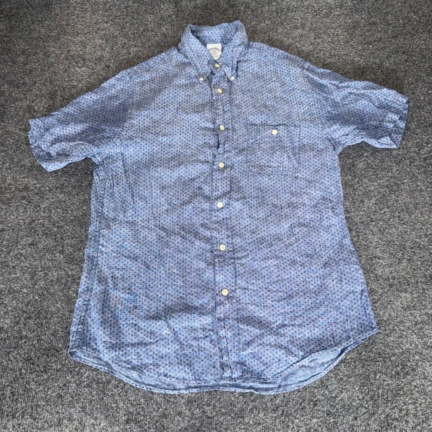Brooks Brothers Regent Linen Shirt Men M Blue Geometric Short Sleeve Button Down