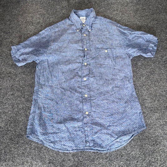 Brooks Brothers Regent Linen Shirt Men M Blue Geometric Short Sleeve Button Down