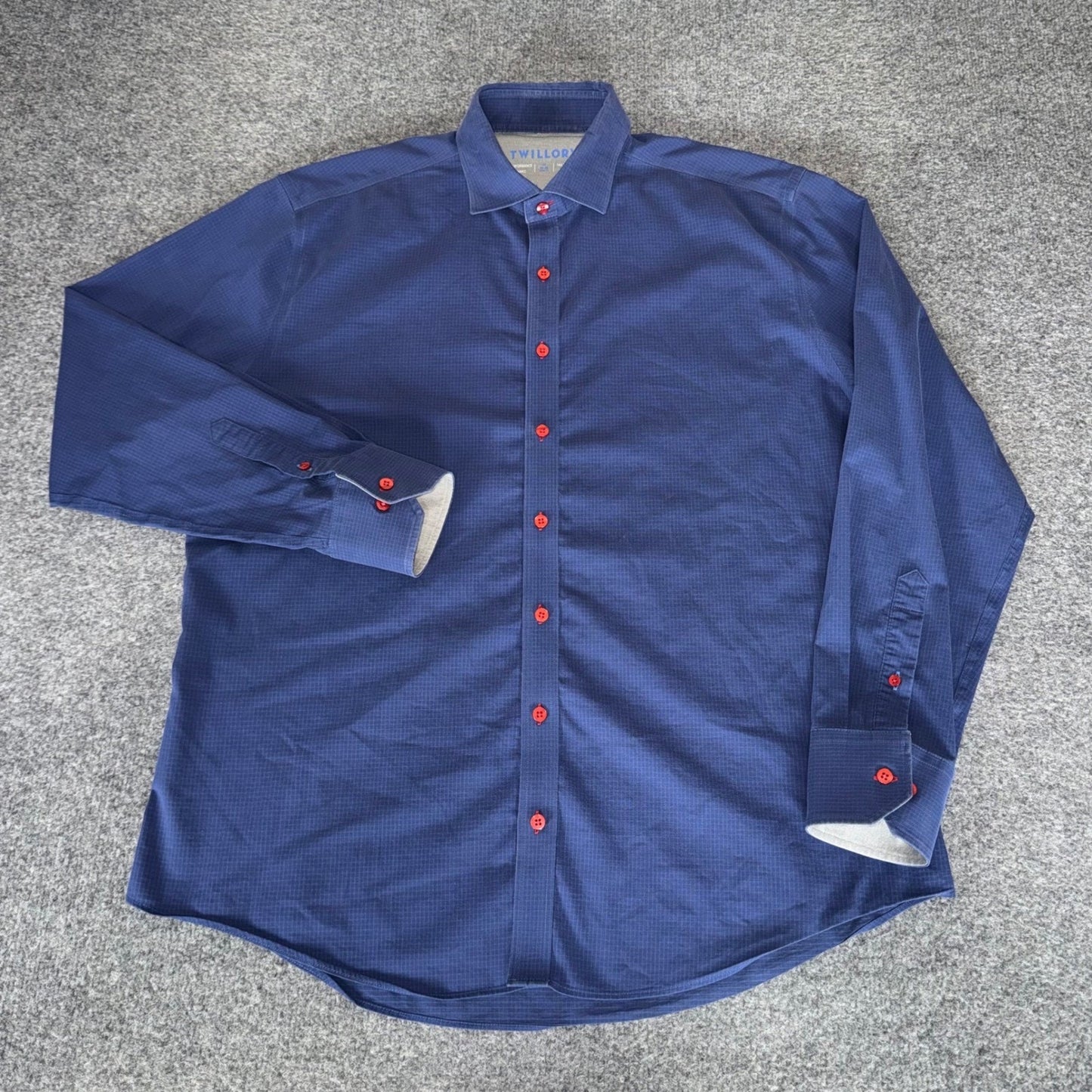 Twillory Performance Dress Shirt Mens 17 34/35 Trim Fit Navy Blue Stretch Office