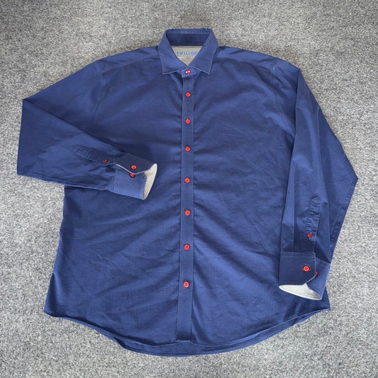 Twillory Performance Dress Shirt Mens 17 34/35 Trim Fit Navy Blue Stretch Office