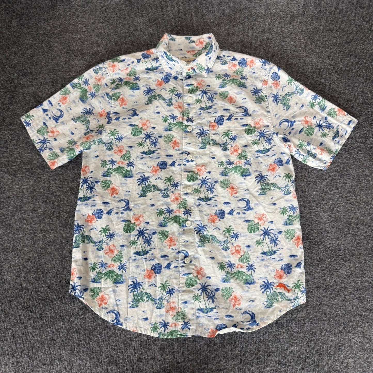 Tommy Bahama Mens Small Hawaiian Tropical Palm Tree Linen Cotton Button Up Shirt