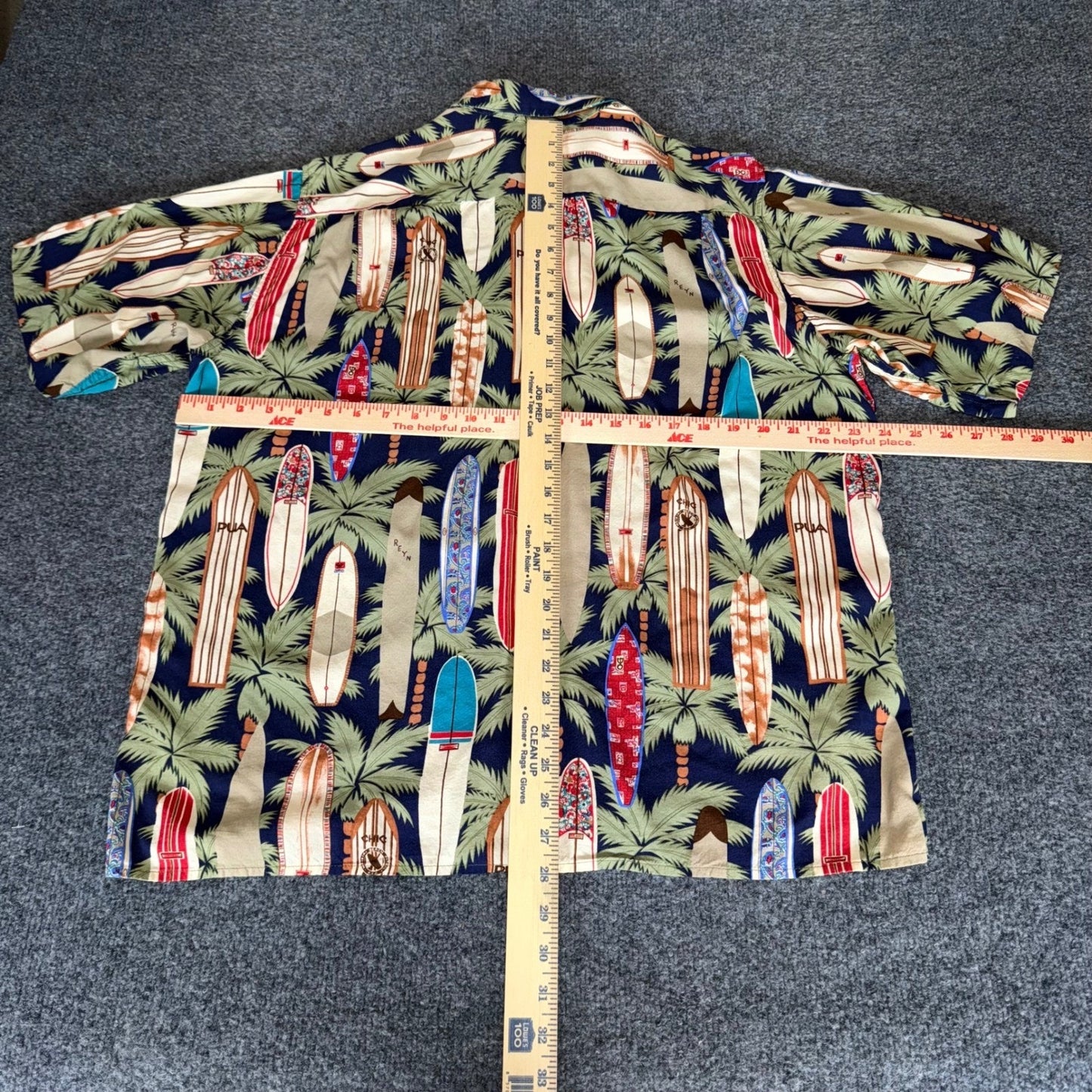 Reyn Spooner Hawaiian Shirt Mens Large Rayon Surfboard Palm Tree Aloha Beach