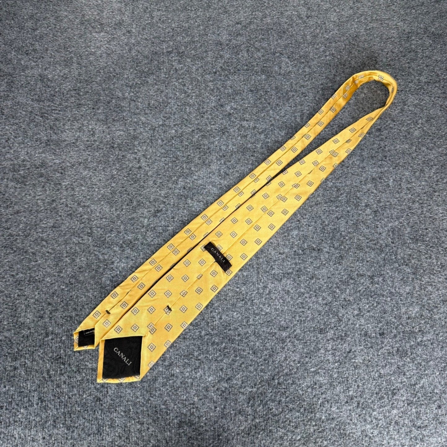 Canali Mens Silk Tie Yellow Geometric Medallion Made in Italy Formal Necktie