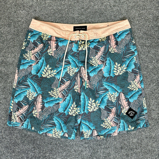 American Eagle Board Shorts Mens Large 36x10 Swim Trunks Floral Drawstring Adult
