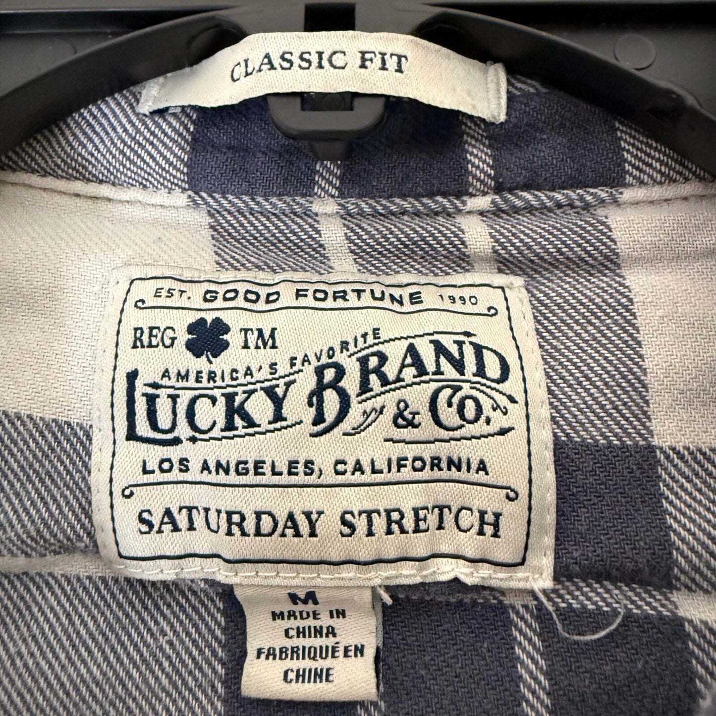 Lucky Brand Saturday Stretch Plaid Western Shirt Mens Medium Blue Snap Casual