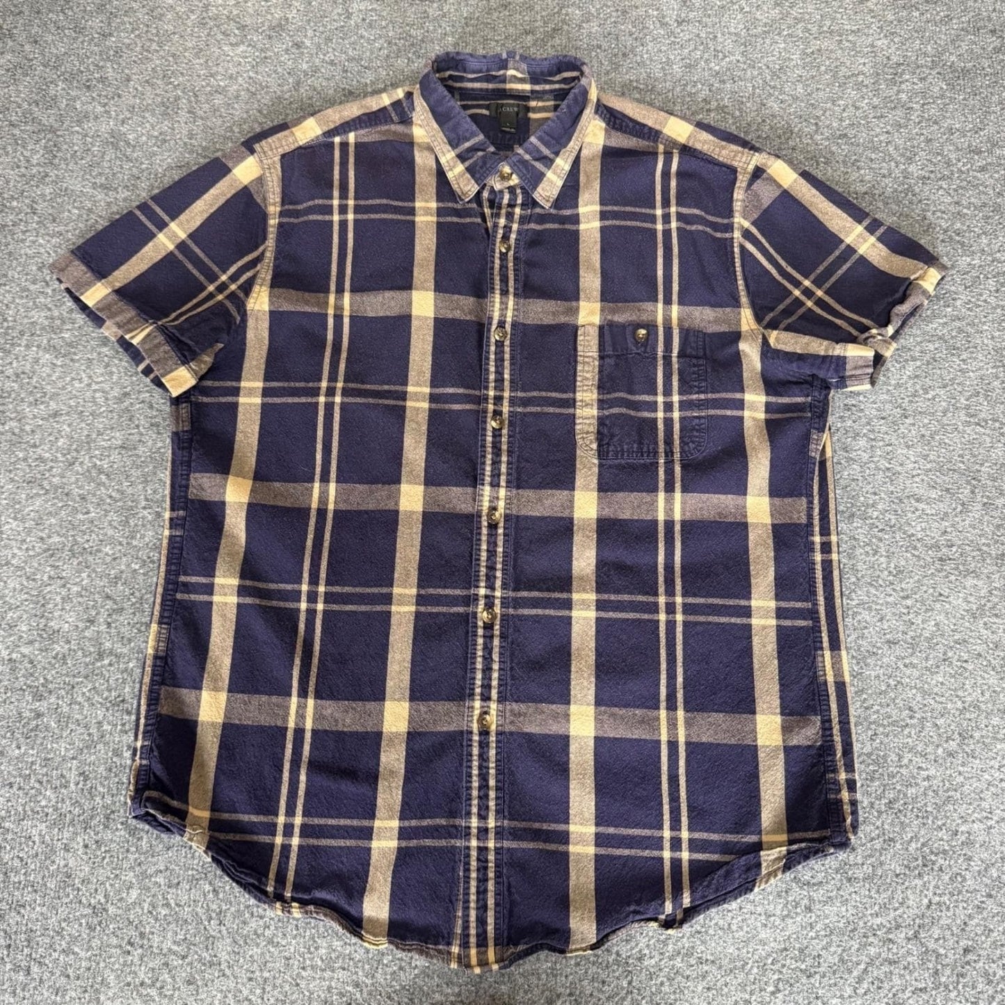 J.Crew Mens L Navy Tan Plaid Short Sleeve Button Up Shirt Cotton Casual Classic