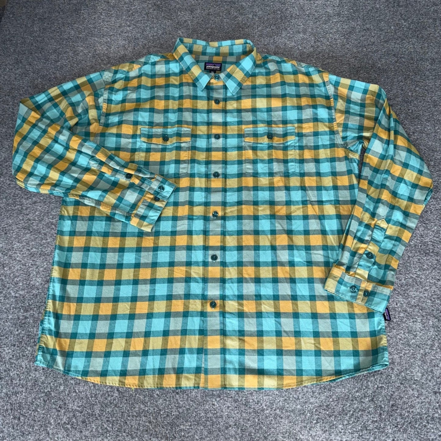 Patagonia Buckshot Mens XXL Teal Plaid Organic Cotton Flannel Shirt Long Sleeve