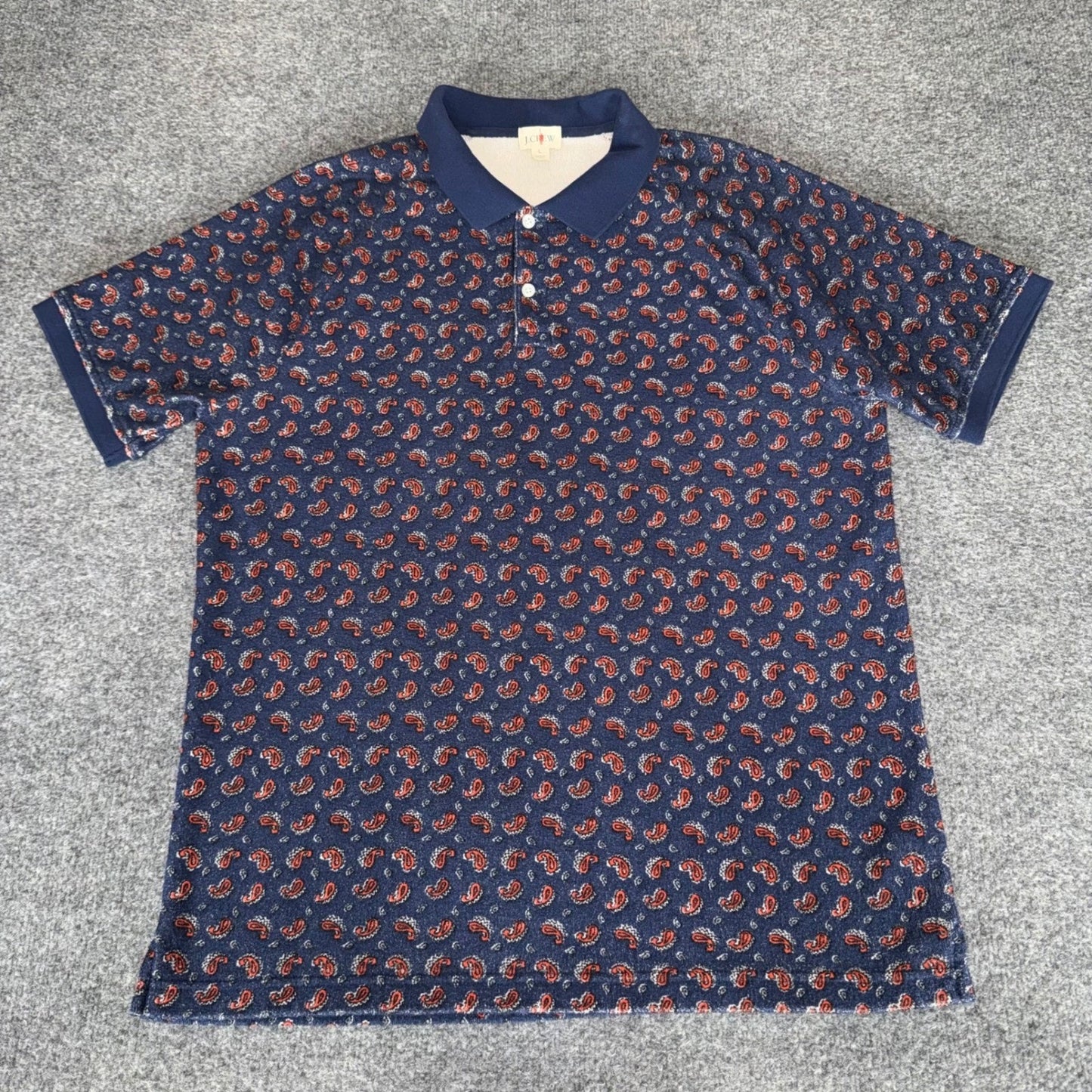 J Crew Terry Cloth Polo Shirt Mens L Paisley Raglan Sleeve Retro Resort Vacation